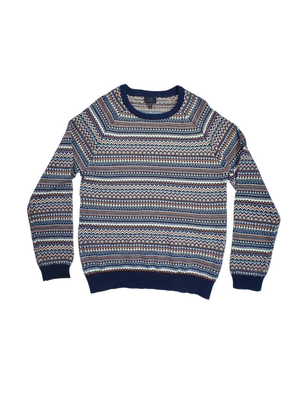 NWOT Magaschoni Fair Isle Nordic Sweater Men’s XL Blue Orange Cotton Blend Crew